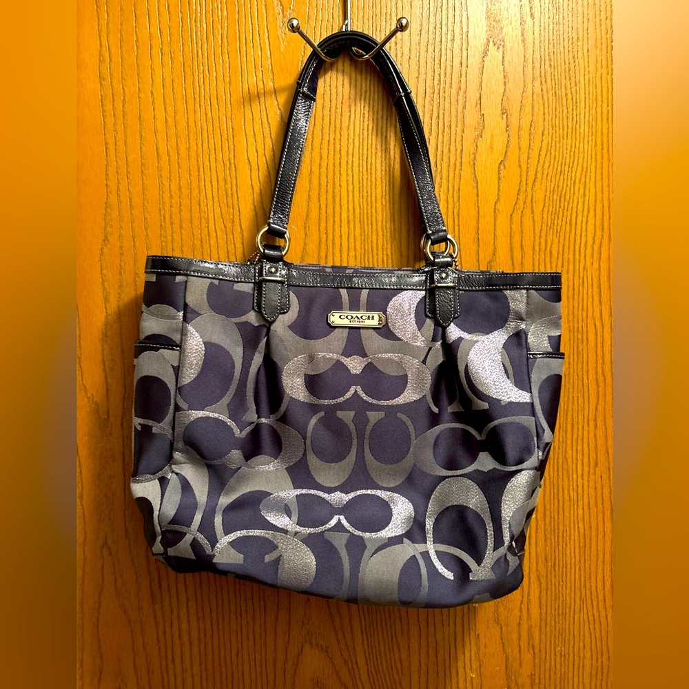 Coach Retro Signature Navy Blue and Silver Metallic Tote -EUC 2012